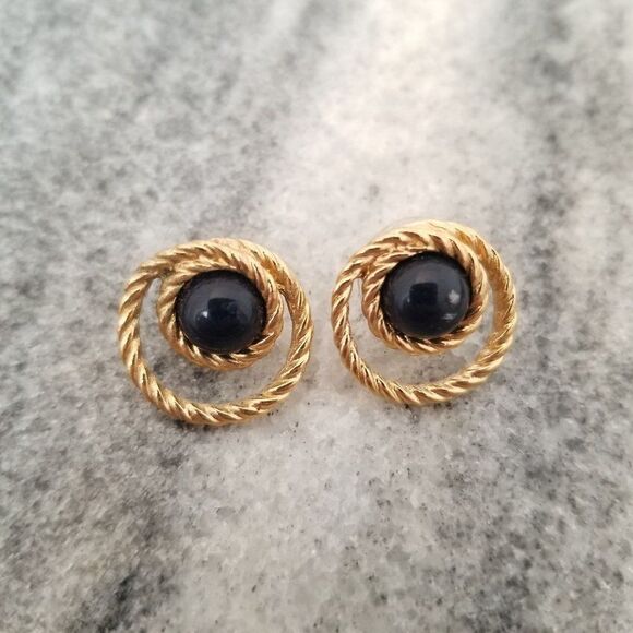 Vintage Black and Gold Tone Rope Twist Design Cabochon Post Earrings, Minimal - Picture 2 of 4